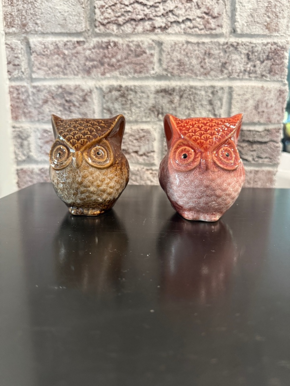 Set of 2 Ceramic Owl Figurines - Brown & Coral